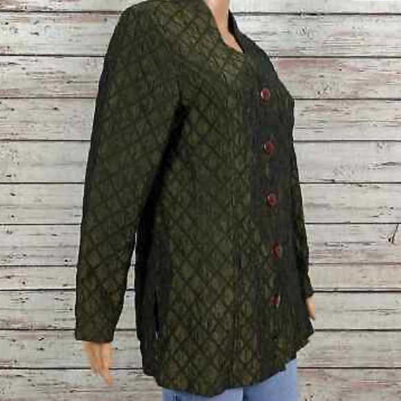 Coldwater Creek Green Diamond Pattern Crinkle Topper Dressy Jacket Petite MEDIUM - Picture 2 of 9
